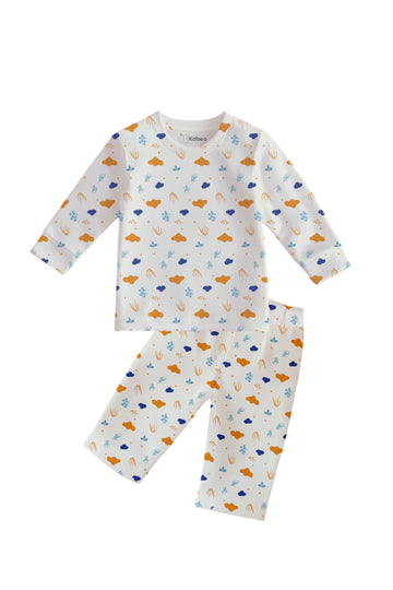 Luay® 100% Cotton Cloud & Nature Printed Co-ord Set | Ultra-Soft Stylish & Classy Oufits | Full-Sleeve T-Shirt & Comfy Pants - White