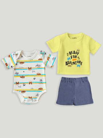 LUAY Unisex Cotton Yellow T-Shirt, Short & Onesie Cotton 3-Piece Set: Adorable and Comfortable Baby Wear (Pack of 3)