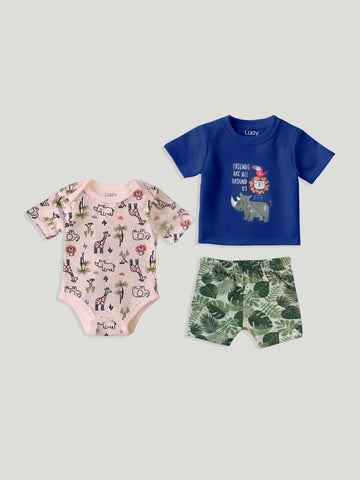 LUAY Unisex Cotton Blue T-Shirt, Short & Onesie Cotton 3-Piece Set: Adorable and Comfortable Baby Wear (Pack of 3)