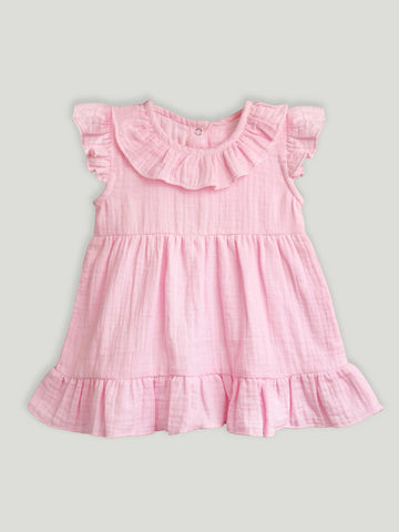 LUAY 100% Linen Pink Baby Frock, with Frills, Dress for Baby Girls, Cute and Trendy Summer Dress for Babies,
