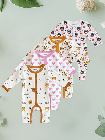 LUAY 100% Cotton Full Sleeves Printed Baby Romper,Bodysuit Jumpsuit for Baby Girls & Baby Boy (Pack of 4)