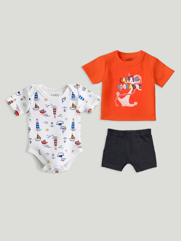 LUAY Unisex Cotton Red T-Shirt, Short & Onesie Cotton 3-Piece Set: Adorable and Comfortable Baby Wear (Pack of 3)