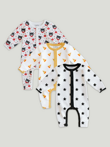 LUAY 100% Cotton Full Sleeves Printed Baby Romper,Bodysuit Jumpsuit for Baby Girls & Baby Boy (Pack of 3)