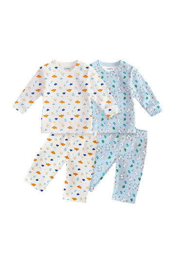 Luay® 100% Cotton Printed Combo Co-ord Set | Ultra-Soft Stylish & Classy Oufits | Full-Sleeve T-Shirt & Comfy Pants - White & Blue.