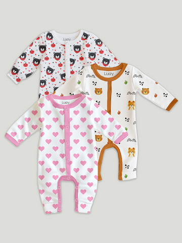LUAY 100% Cotton Full Sleeves Printed Baby Romper,Bodysuit Jumpsuit for Baby Girls & Baby Boy (Pack of 3)