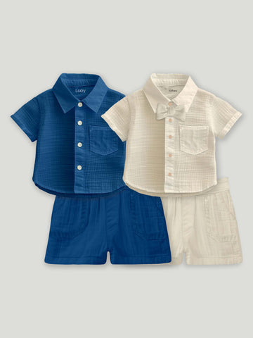 Luay® 100% Linen Pack of 2 | Stylish Short-Sleeve Shirt & Comfy Shorts Blue & offWhite.