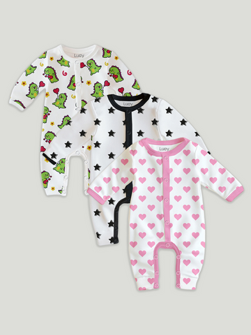 LUAY 100% Cotton Full Sleeves Printed Baby Romper,Bodysuit Jumpsuit for Baby Girls & Baby Boy (Pack of 3)