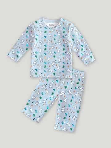Luay® 100% Cotton Bunny Printed Co-ord Set | Ultra-Soft Stylish & Classy Oufits | Full-Sleeve T-Shirt & Comfy Pants - Sky Blue