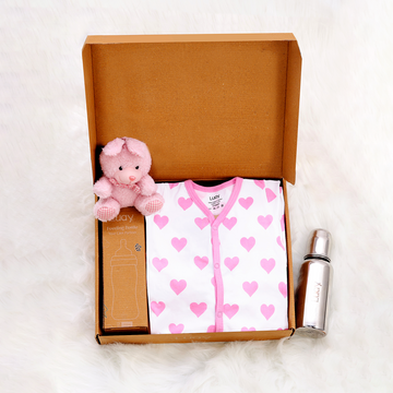 Luay Premium Gift Box Set with The Baby Romper, Baby Feeding Bottle and Teddy Bear Best Assorted Hamper for Babies.