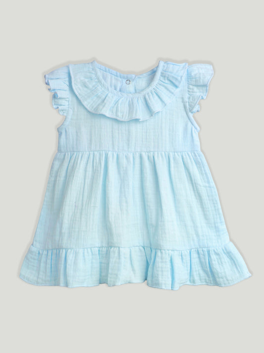 LUAY 100% Linen Sky Blue Baby Frock with Frills,Cute and Trendy Summer Dress for Babies