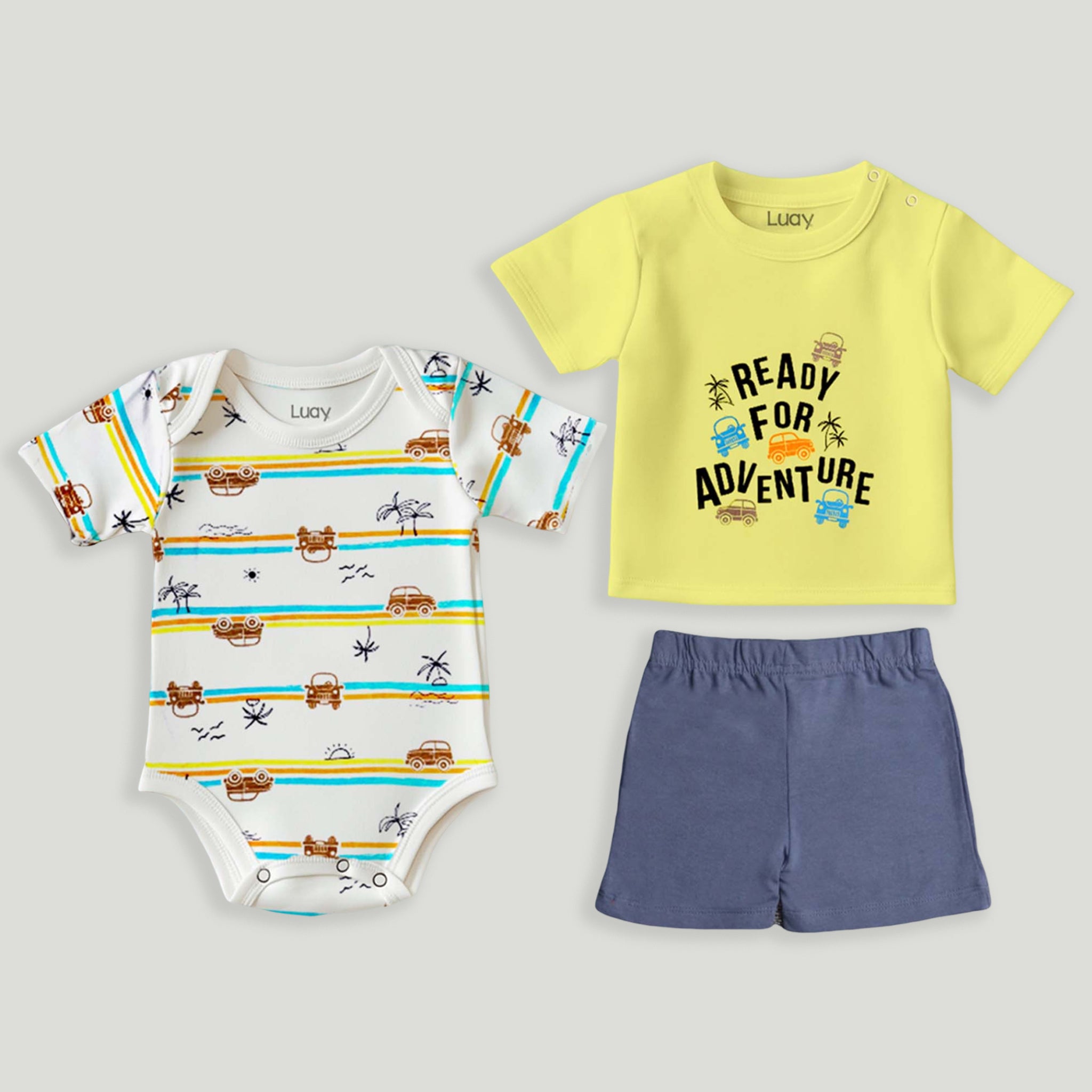 LUAY Unisex  Cotton Yellow T-Shirt, Short & Onesie Cotton 3-Piece Set: Adorable and Comfortable Baby Wear (Pack of 3)