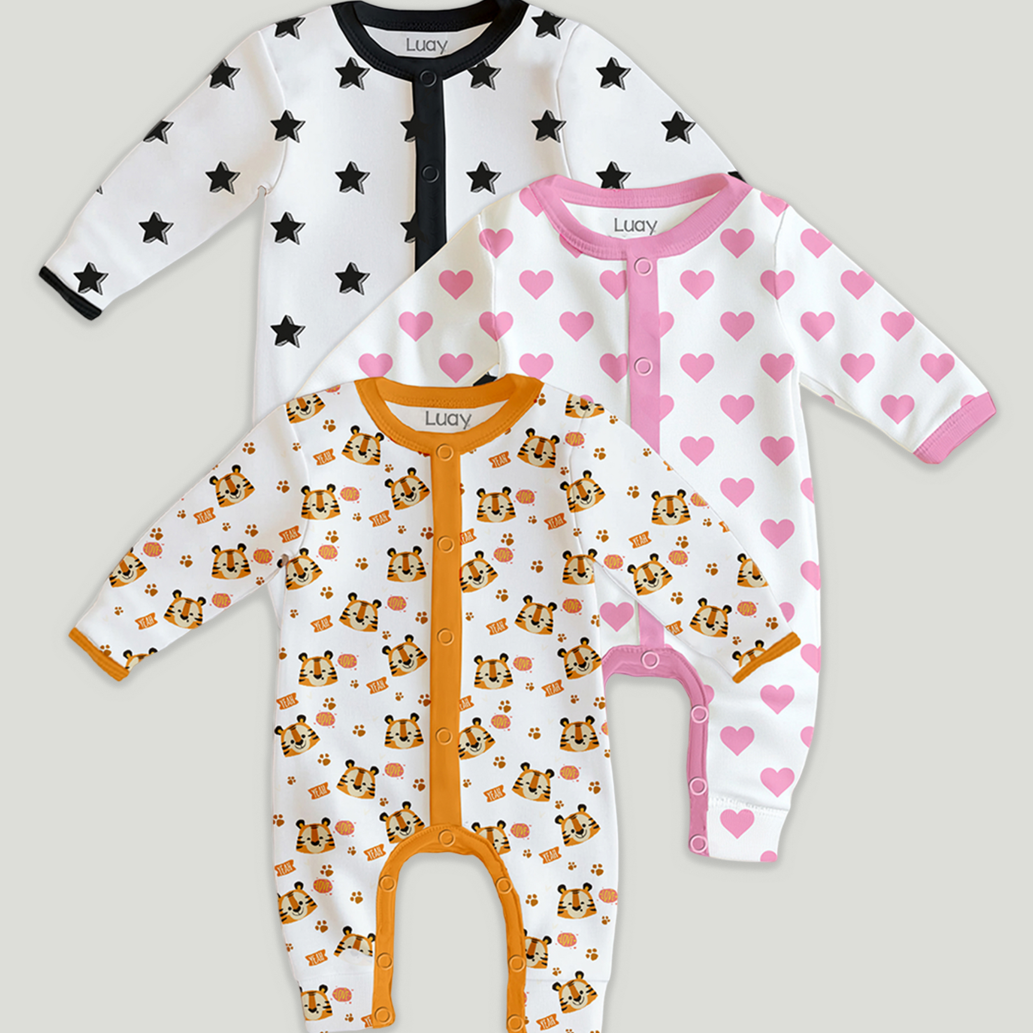 LUAY 100% Cotton Full Sleeves Printed Baby Romper,Bodysuit Jumpsuit for Baby Girls & Baby Boy (Pack of 3)