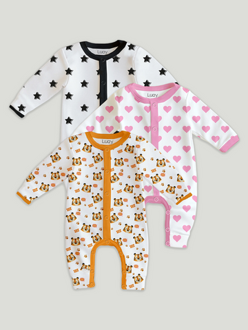 LUAY 100% Cotton Full Sleeves Printed Baby Romper,Bodysuit Jumpsuit for Baby Girls & Baby Boy (Pack of 3)