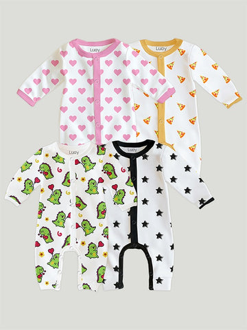LUAY 100% Cotton Full Sleeves Printed Baby Romper,Bodysuit Jumpsuit for Baby Girls & Baby Boy (Pack of 4)