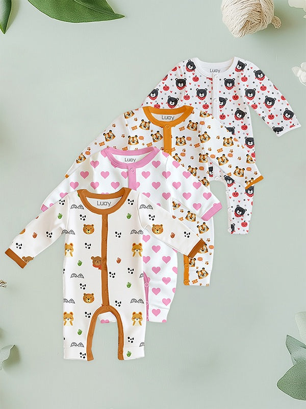 LUAY 100% Cotton Full Sleeves Printed Baby Romper,Bodysuit Jumpsuit for Baby Girls & Baby Boy (Pack of 4)