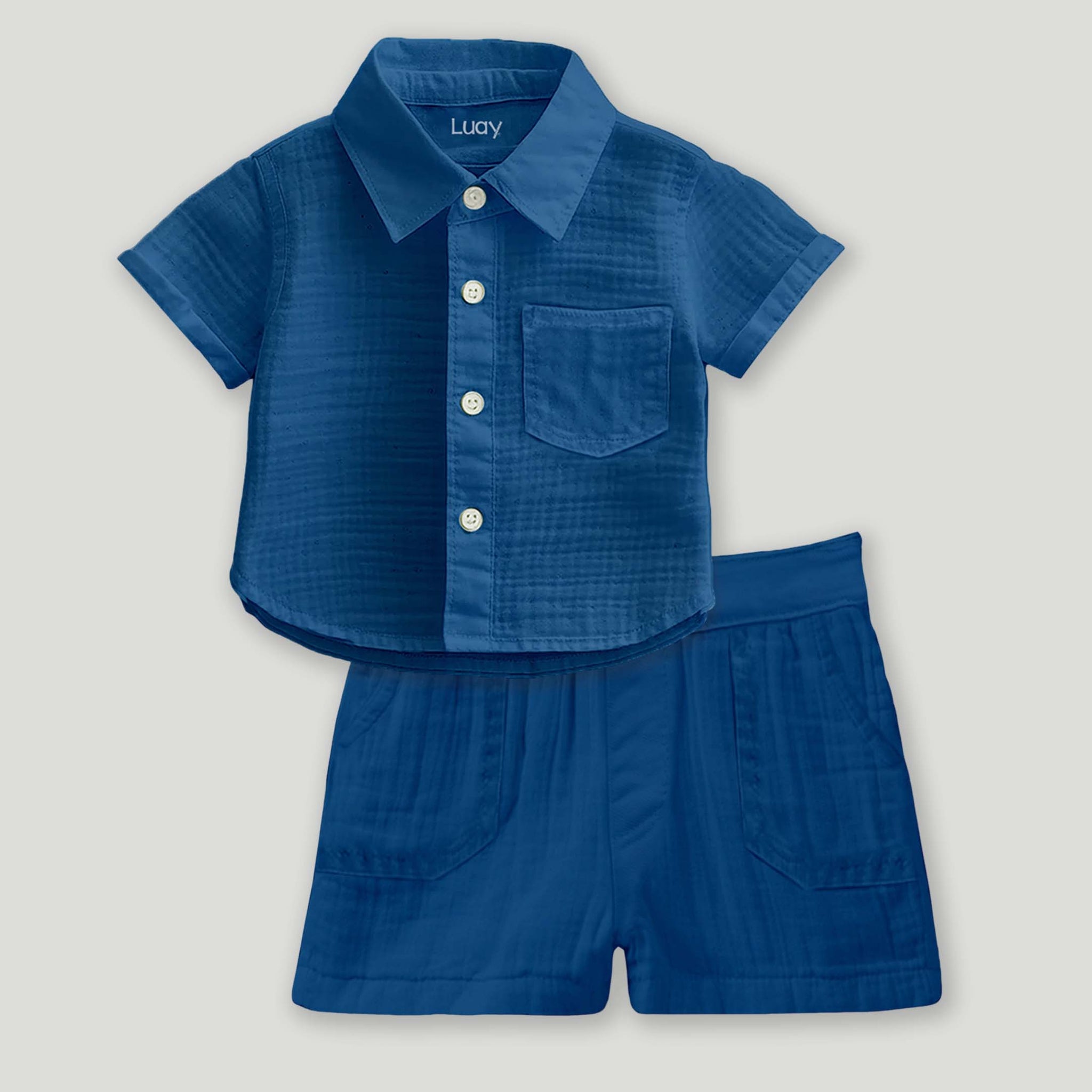 Luay® 100% Linen Shirt & Pant for Kids | Stylish Short-Sleeve Shirt & Comfy Shorts -Blue.
