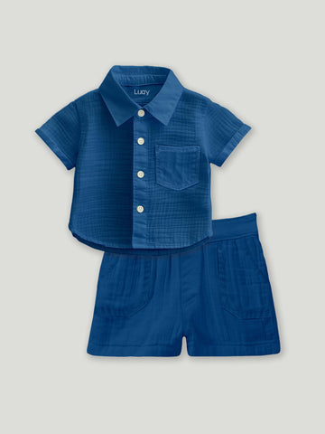 Luay® 100% Linen Shirt & Pant for Kids | Stylish Short-Sleeve Shirt & Comfy Shorts -Blue.