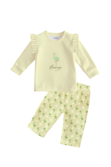 Luay® 100% Cotton Flamingo Printed Co-ord Set | Ultra-Soft Stylish & Classy Oufits | Full-Sleeve T-Shirt & Comfy Pants - Soft Yellow