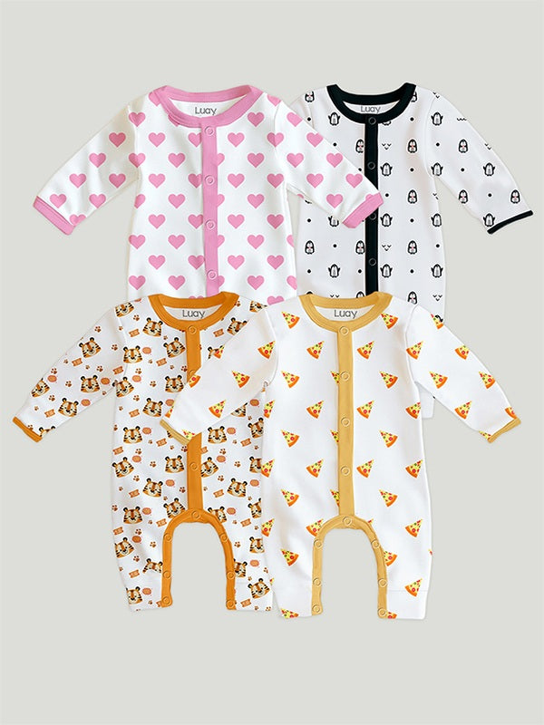 LUAY 100% Cotton Full Sleeves Printed Baby Romper,Bodysuit Jumpsuit for Baby Girls & Baby Boy (Pack of 4)