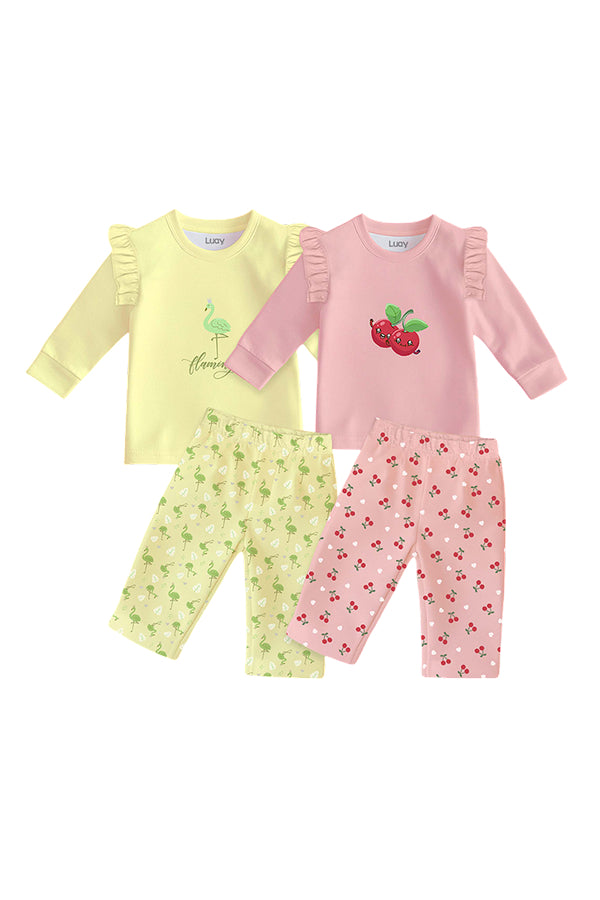 Luay® 100% Cotton Printed Combo Co-ord Set | Ultra-Soft Stylish & Classy Oufits | Full-Sleeve T-Shirt & Comfy Pants - Soft Yellow & Pink.