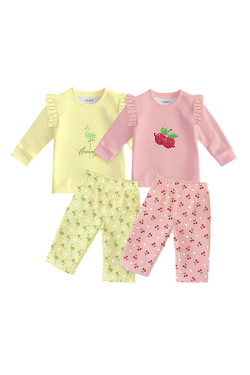 Luay® 100% Cotton Printed Combo Co-ord Set | Ultra-Soft Stylish & Classy Oufits | Full-Sleeve T-Shirt & Comfy Pants - Soft Yellow & Pink.