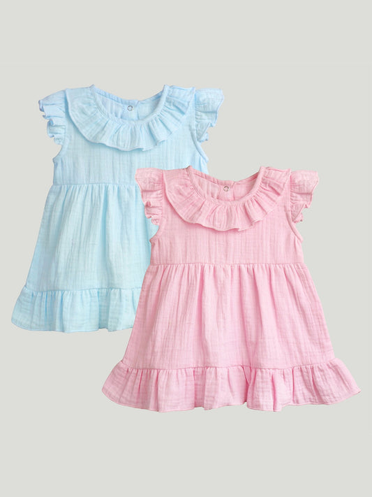LUAY 100% Linen  Baby Frock, with Frills, Dress for Baby Girls, Cute and Trendy Summer Dress for Babies (Pack of 2)