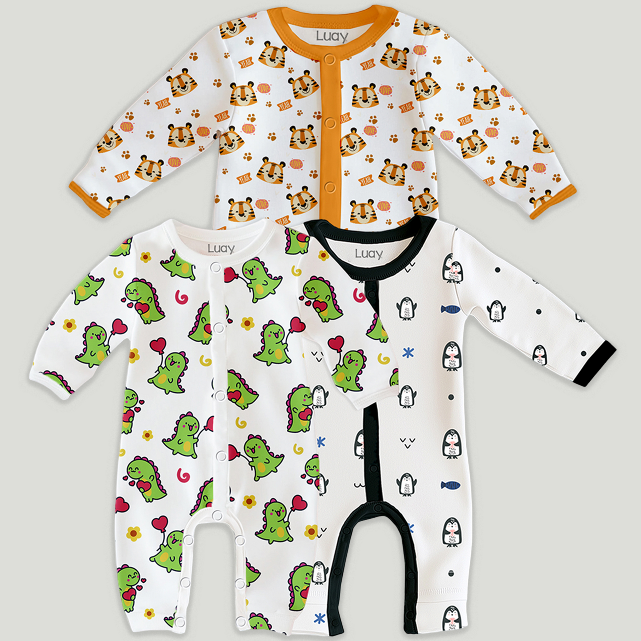 LUAY 100% Cotton Full Sleeves Printed Baby Romper,Bodysuit Jumpsuit for Baby Girls & Baby Boy (Pack of 3)