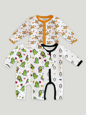 LUAY 100% Cotton Full Sleeves Printed Baby Romper,Bodysuit Jumpsuit for Baby Girls & Baby Boy (Pack of 3)