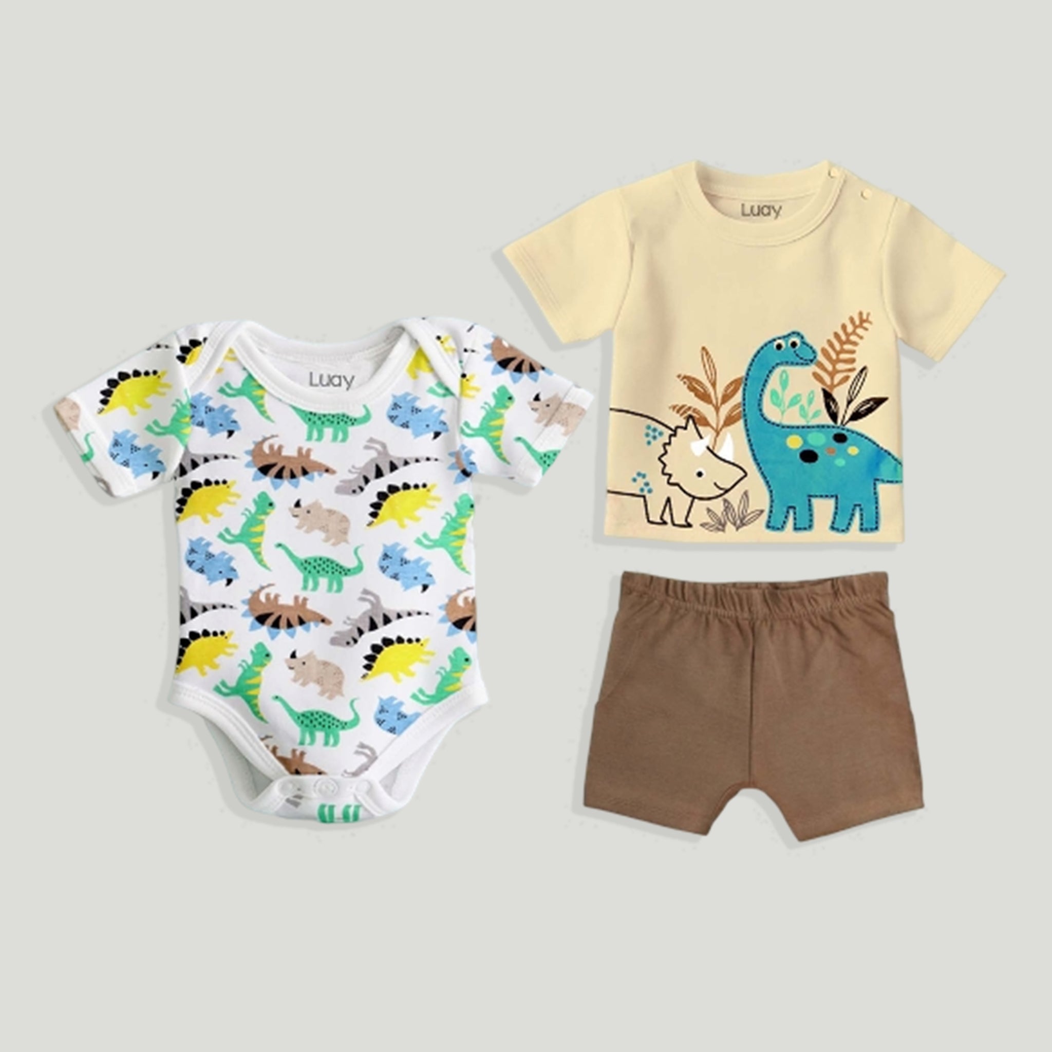 LUAY Unisex  Cotton Beige T-Shirt, Short & Onesie  Cotton 3-Piece Set: Adorable and Comfortable Baby Wear (Pack of 3)