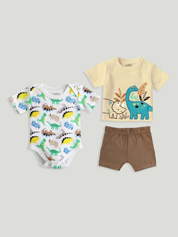 LUAY Unisex  Cotton Beige T-Shirt, Short & Onesie  Cotton 3-Piece Set: Adorable and Comfortable Baby Wear (Pack of 3)