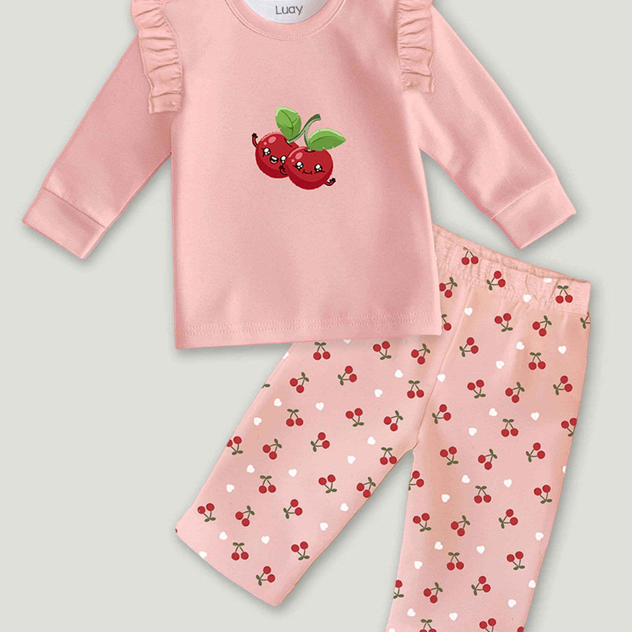 Luay® 100%  Cotton Cherry Printed Co-ord Set | Ultra-Soft Stylish & Classy Oufits | Full-Sleeve T-Shirt & Comfy Pants - Blush Pink