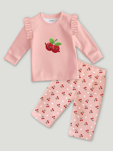 Luay® 100%  Cotton Cherry Printed Co-ord Set | Ultra-Soft Stylish & Classy Oufits | Full-Sleeve T-Shirt & Comfy Pants - Blush Pink