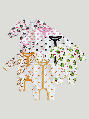 LUAY 100% Cotton Full Sleeves Printed Baby Romper,Bodysuit Jumpsuit for Baby Girls & Baby Boy (Pack of 6)