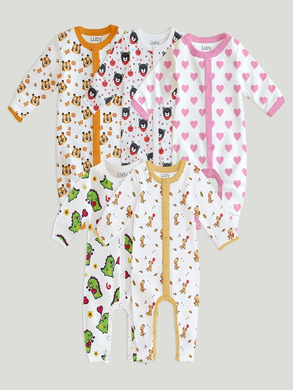LUAY 100% Cotton Full Sleeves Printed Baby Romper,Bodysuit Jumpsuit for Baby Girls & Baby Boy (Pack of 5)