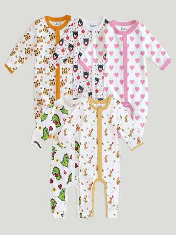 LUAY 100% Cotton Full Sleeves Printed Baby Romper,Bodysuit Jumpsuit for Baby Girls & Baby Boy (Pack of 5)