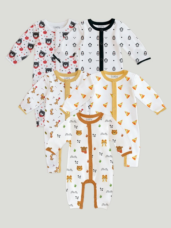 LUAY 100% Cotton Full Sleeves Printed Baby Romper,Bodysuit Jumpsuit for Baby Girls & Baby Boy (Pack of 5)