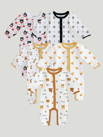 LUAY 100% Cotton Full Sleeves Printed Baby Romper,Bodysuit Jumpsuit for Baby Girls & Baby Boy (Pack of 5)