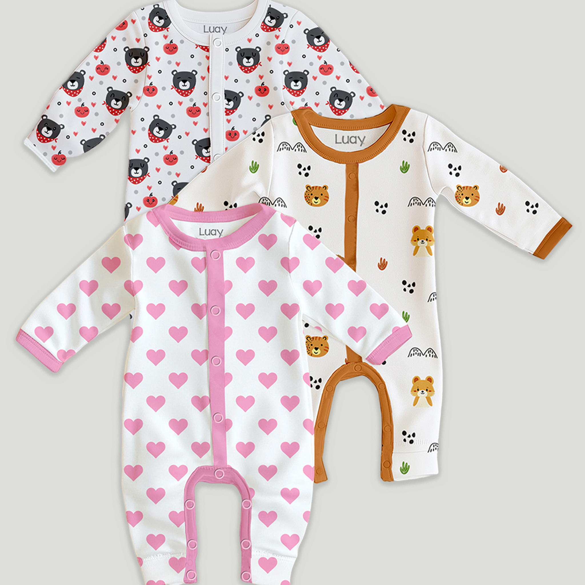 LUAY 100% Cotton Full Sleeves Printed Baby Romper,Bodysuit Jumpsuit for Baby Girls & Baby Boy (Pack of 3)