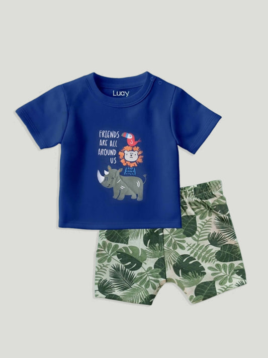 LUAY Unisex  Cotton Blue T-Shirt, Short & Onesie  Cotton 3-Piece Set: Adorable and Comfortable Baby Wear (Pack of 3)