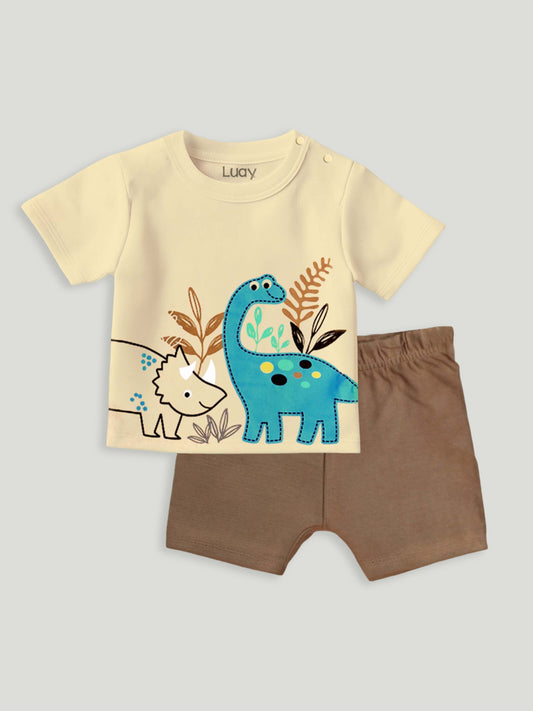 LUAY Unisex  Cotton Beige T-Shirt, Short & Onesie  Cotton 3-Piece Set: Adorable and Comfortable Baby Wear (Pack of 3)