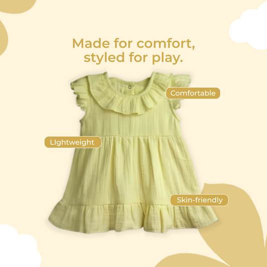 LUAY 100% Linen Green Baby Frock, with Frills, Dress for Baby Girls, Cute and Trendy Summer Dress for Babies
