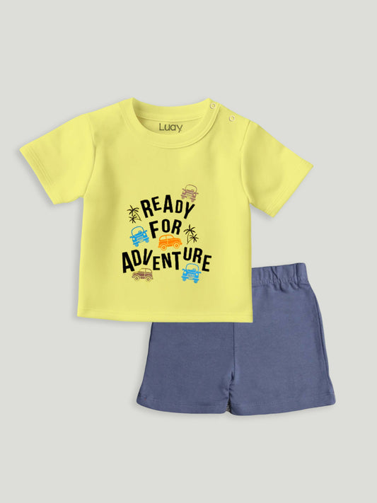 LUAY Unisex  Cotton Yellow T-Shirt, Short & Onesie Cotton 3-Piece Set: Adorable and Comfortable Baby Wear (Pack of 3)