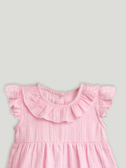 LUAY 100% Linen Pink Baby Frock, with Frills, Dress for Baby Girls, Cute and Trendy Summer Dress for Babies,