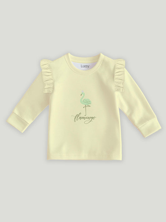 Luay® 100% Cotton Flamingo Printed Co-ord Set | Ultra-Soft Stylish & Classy Oufits | Full-Sleeve T-Shirt & Comfy Pants - Soft Yellow