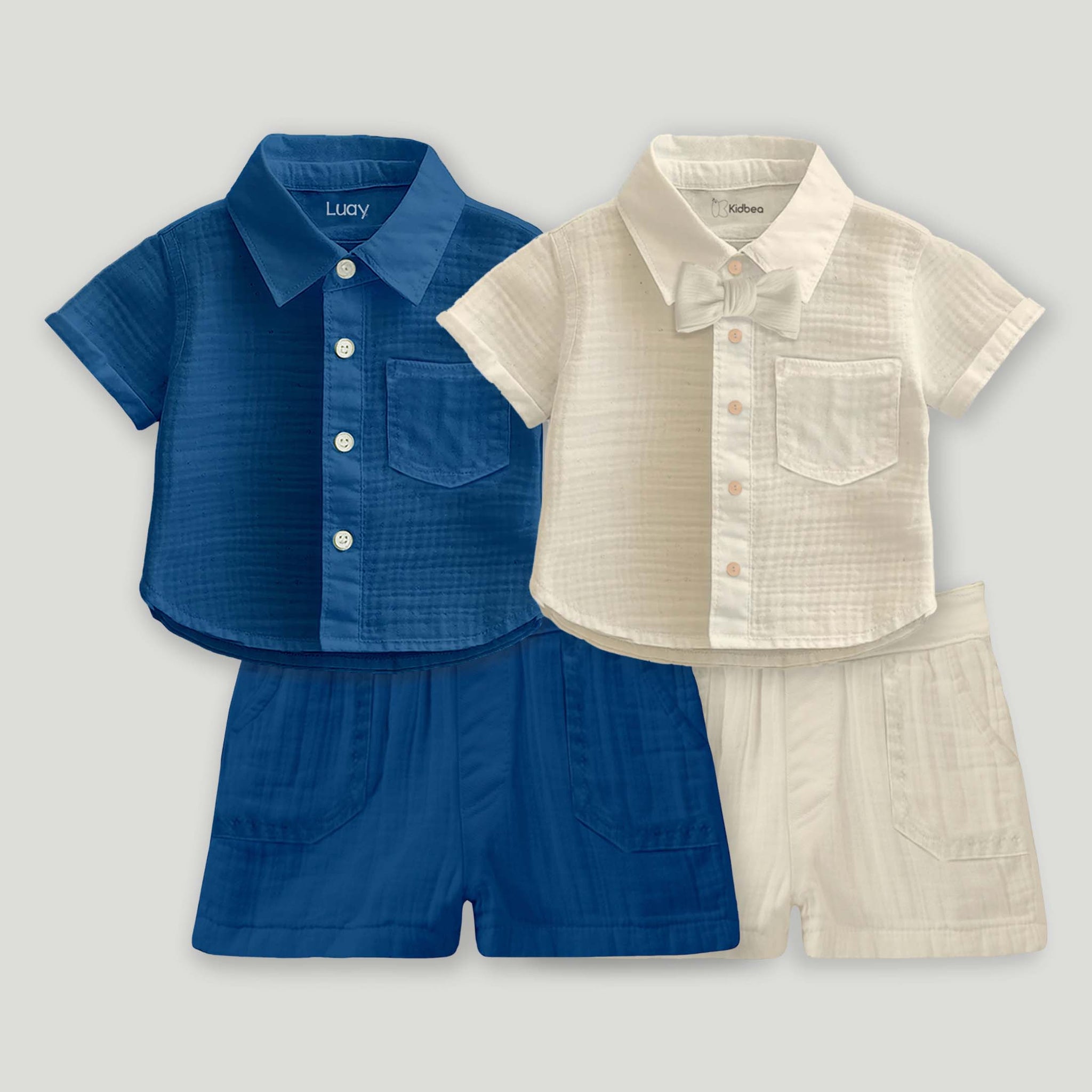Luay® 100% Linen Pack of 2 | Stylish Short-Sleeve Shirt & Comfy Shorts Blue & offWhite.