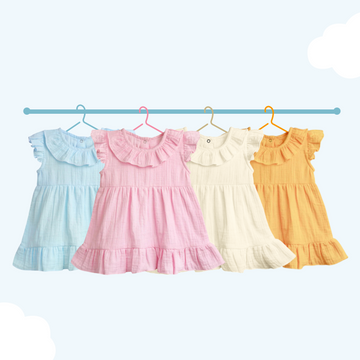 LUAY 100% Linen  Baby Frock, with Frills, Dress for Baby Girls, Cute and Trendy Summer Dress for Babies (Pack of 4)