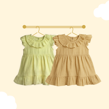 LUAY 100% Linen Baby Frock, with Frills, Dress for Baby Girls, Cute and Trendy Summer Dress for Babies (Pack of 2)
