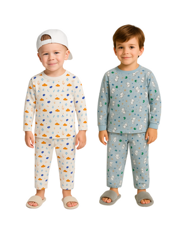 Luay® 100% Cotton Printed Combo Co-ord Set | Ultra-Soft Stylish & Classy Oufits | Full-Sleeve T-Shirt & Comfy Pants - White & Blue.