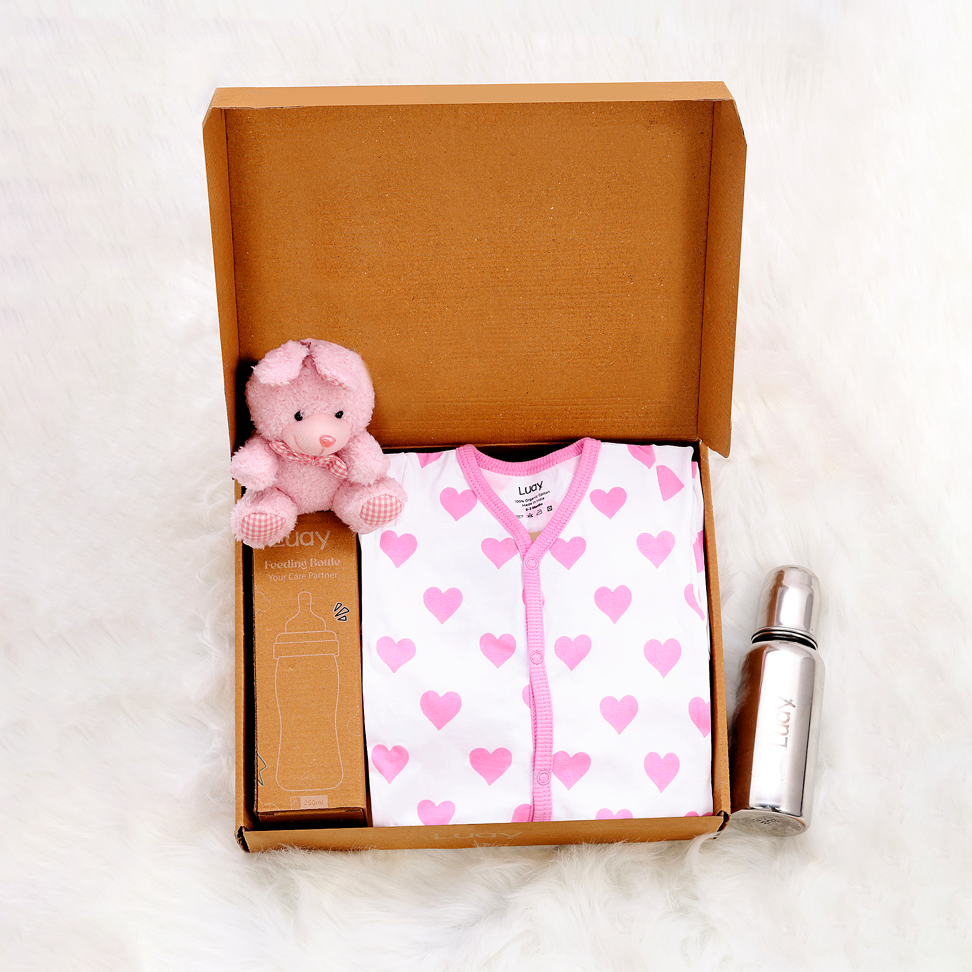 Luay Premium Gift Box Set with The Baby Romper, Baby Feeding Bottle and Teddy Bear Best Assorted Hamper for Babies.