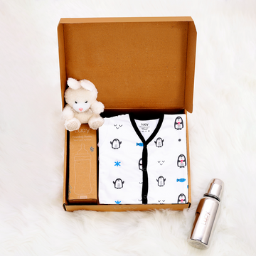 Luay Premium Gift Box Set with The Baby Romper, Baby Feeding Bottle and Teddy Bear Best Assorted Hamper for Babies